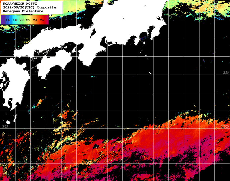 NOAA、MetOp 人工衛星画像 検索結果, 水温分布を図示