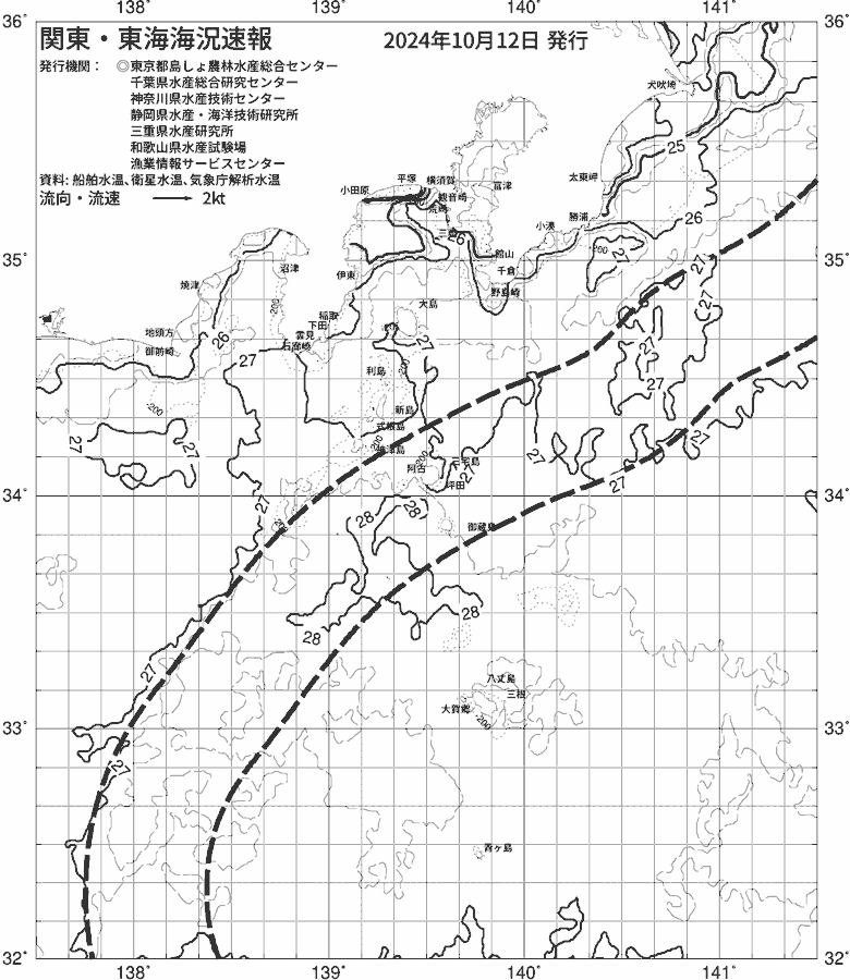 海況図, 関東・東海海況速報/伊豆諸島海域 検索結果, (黒潮, 水温分布, 冷水域, 暖水波及 等を図示)