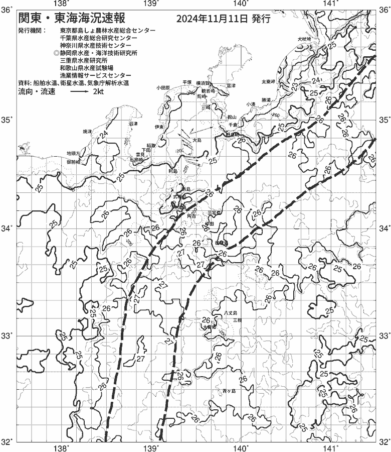 海況図, 関東・東海海況速報/伊豆諸島海域 検索結果, (黒潮, 水温分布, 冷水域, 暖水波及 等を図示)