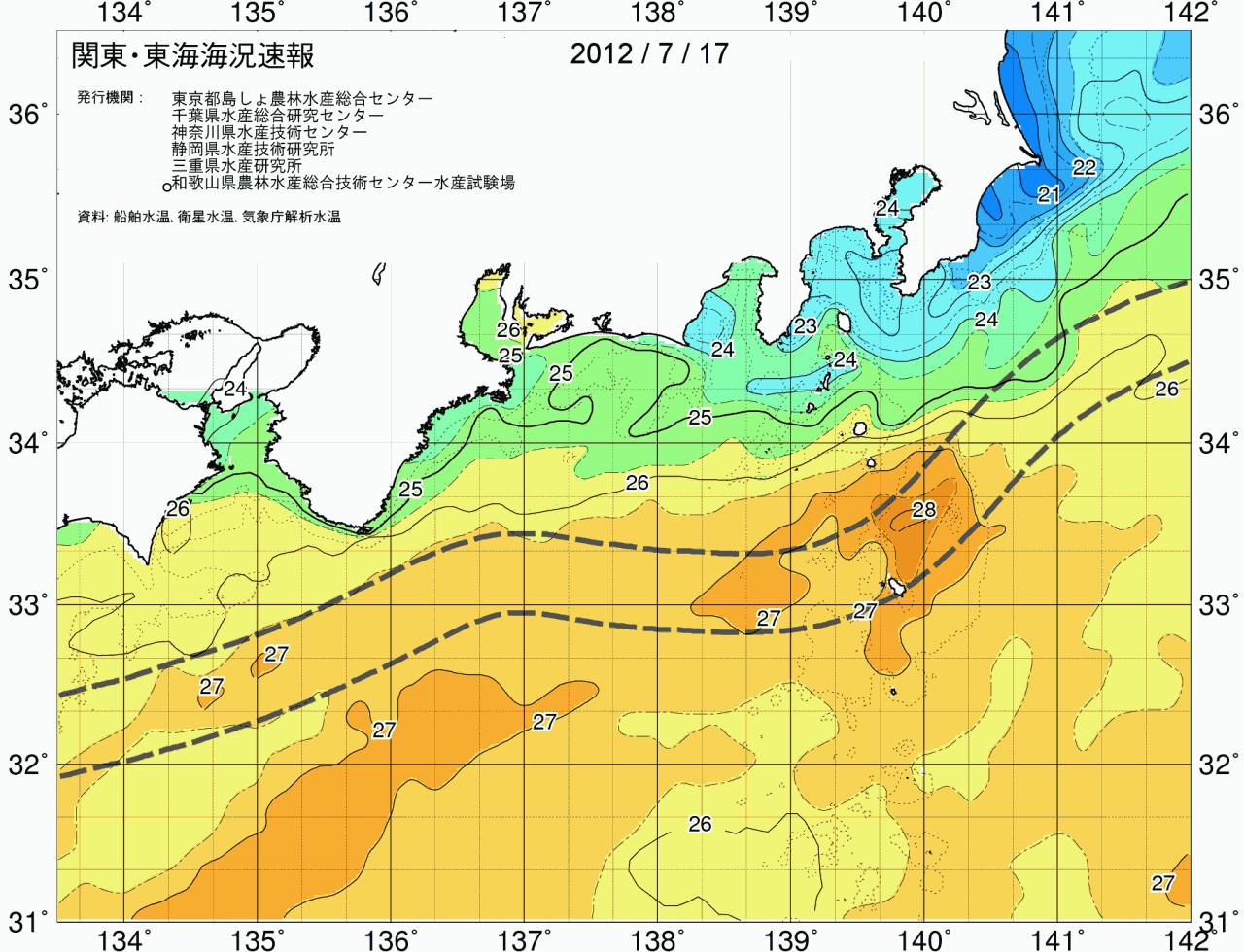 海況図, 関東・東海海況速報/広域 検索結果, (黒潮, 水温分布, 冷水域, 暖水波及 等を図示)