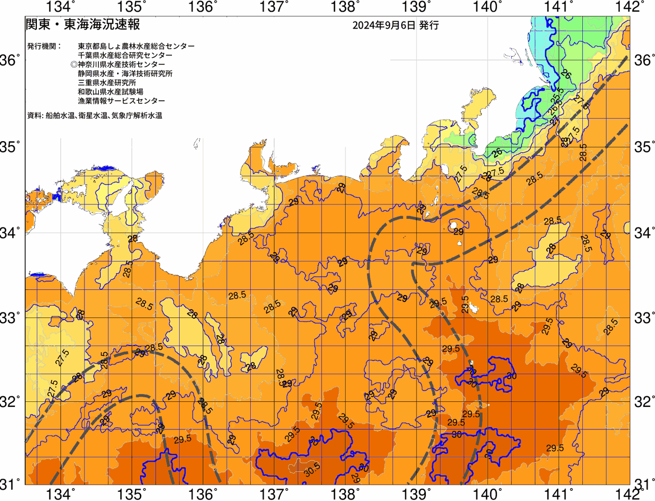 海況図, 関東・東海海況速報/広域 検索結果, (黒潮, 水温分布, 冷水域, 暖水波及 等を図示)