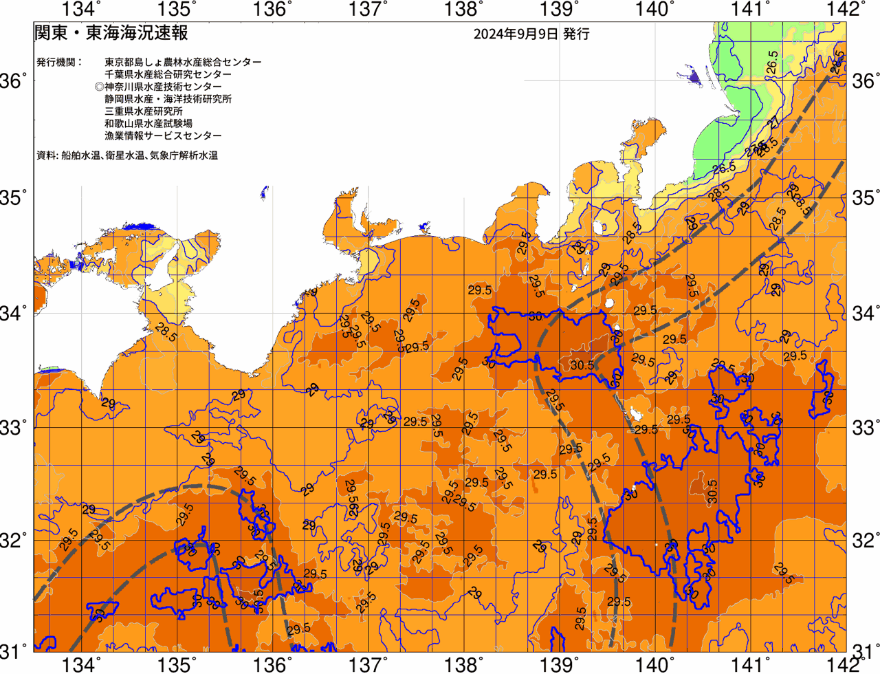 海況図, 関東・東海海況速報/広域 検索結果, (黒潮, 水温分布, 冷水域, 暖水波及 等を図示)