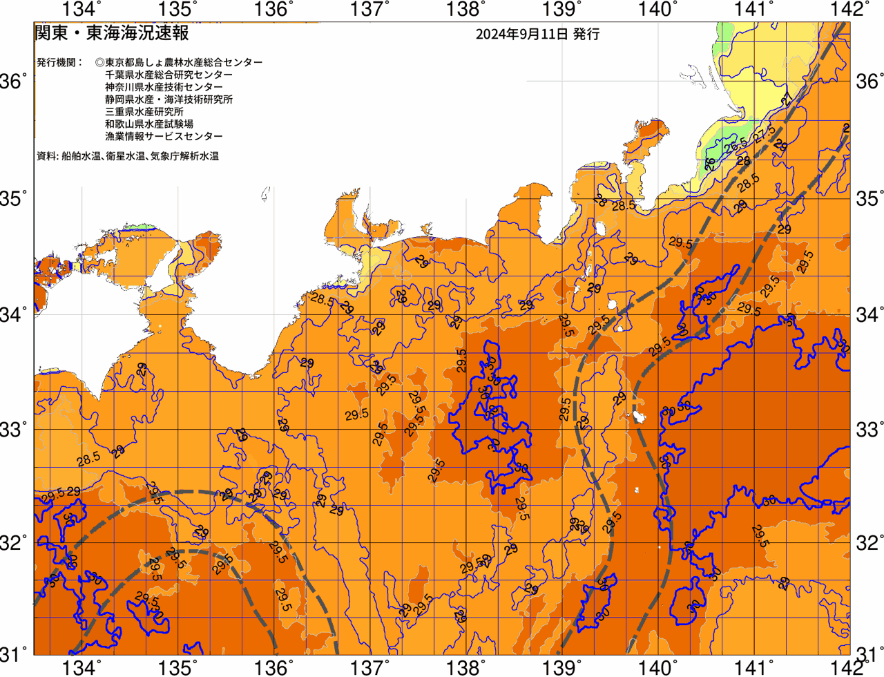 海況図, 関東・東海海況速報/広域 検索結果, (黒潮, 水温分布, 冷水域, 暖水波及 等を図示)