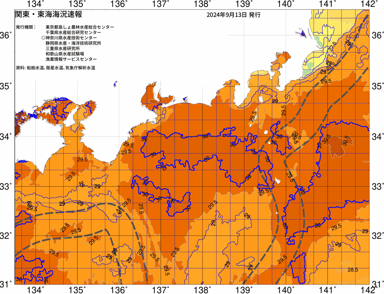 海況図, 関東・東海海況速報/広域 検索結果, (黒潮, 水温分布, 冷水域, 暖水波及 等を図示)