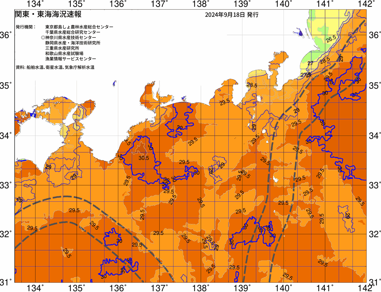 海況図, 関東・東海海況速報/広域 検索結果, (黒潮, 水温分布, 冷水域, 暖水波及 等を図示)