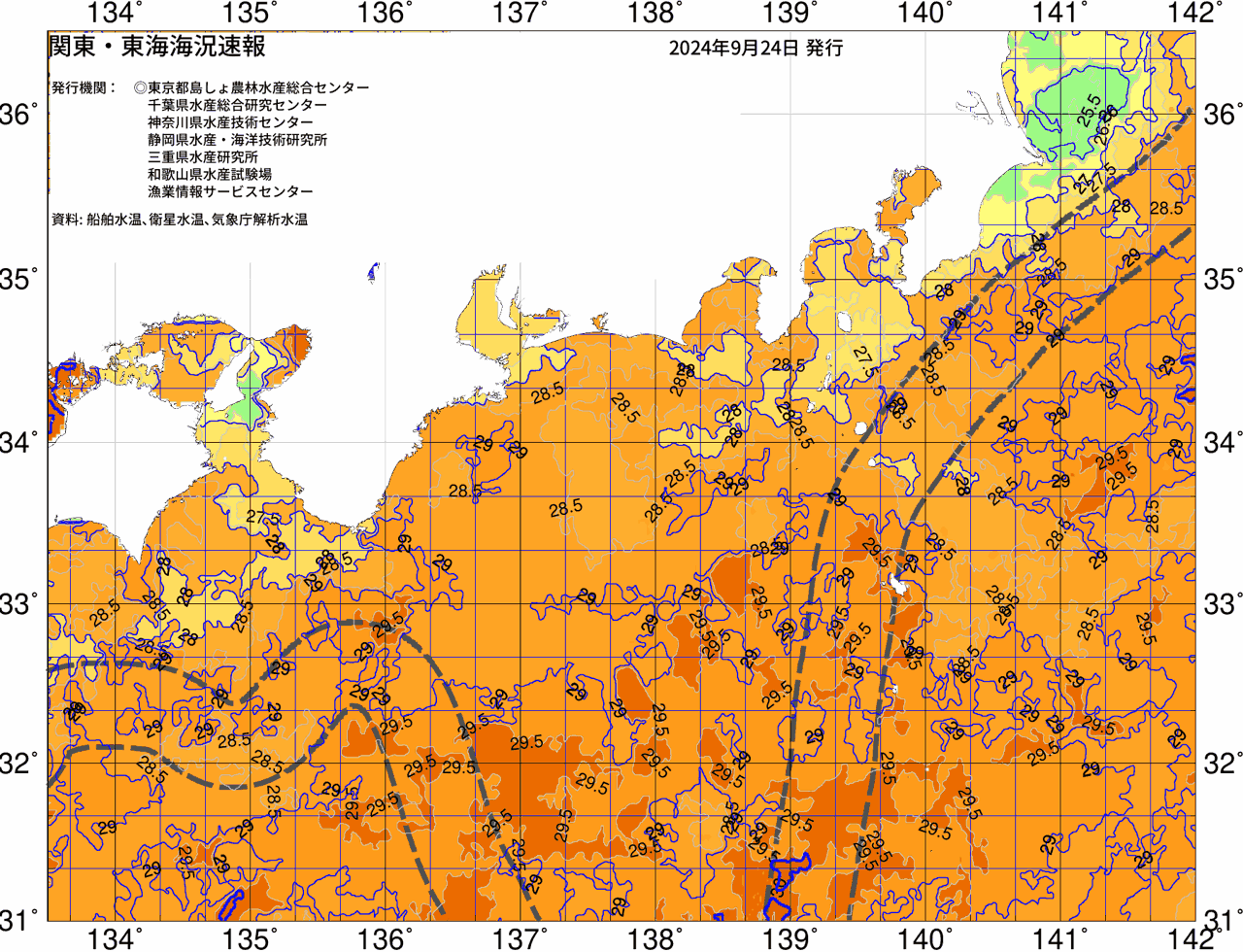 海況図, 関東・東海海況速報/広域 検索結果, (黒潮, 水温分布, 冷水域, 暖水波及 等を図示)