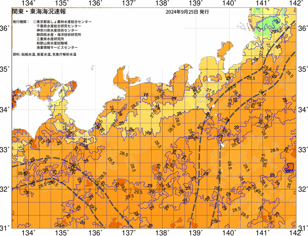 海況図, 関東・東海海況速報/広域 検索結果, (黒潮, 水温分布, 冷水域, 暖水波及 等を図示)