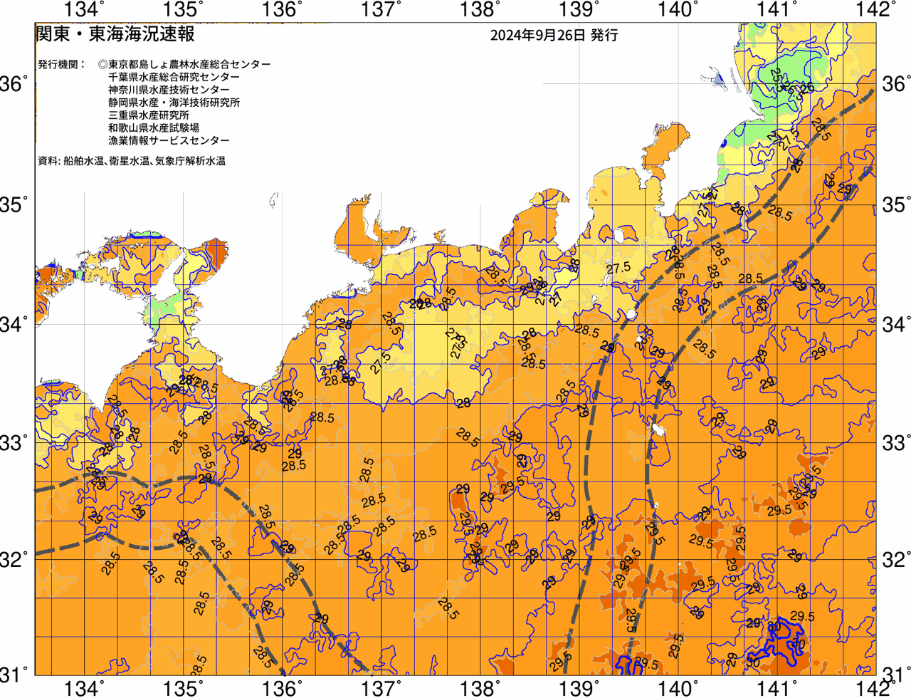 海況図, 関東・東海海況速報/広域 検索結果, (黒潮, 水温分布, 冷水域, 暖水波及 等を図示)