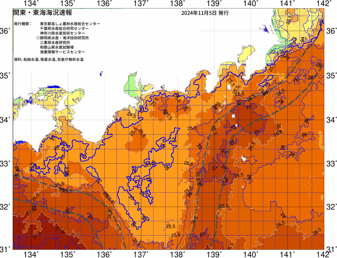 海況図, 関東・東海海況速報/広域 検索結果, (黒潮, 水温分布, 冷水域, 暖水波及 等を図示)