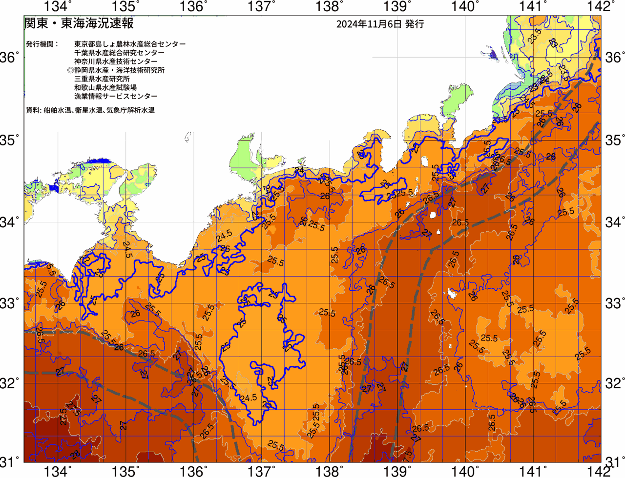 海況図, 関東・東海海況速報/広域 検索結果, (黒潮, 水温分布, 冷水域, 暖水波及 等を図示)