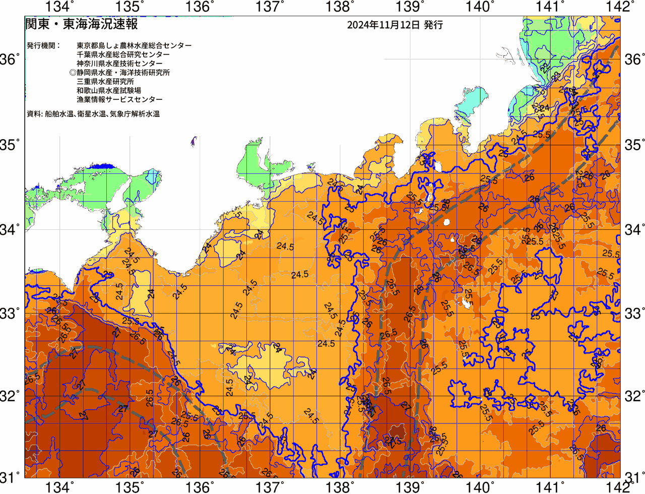 海況図, 関東・東海海況速報/広域 検索結果, (黒潮, 水温分布, 冷水域, 暖水波及 等を図示)