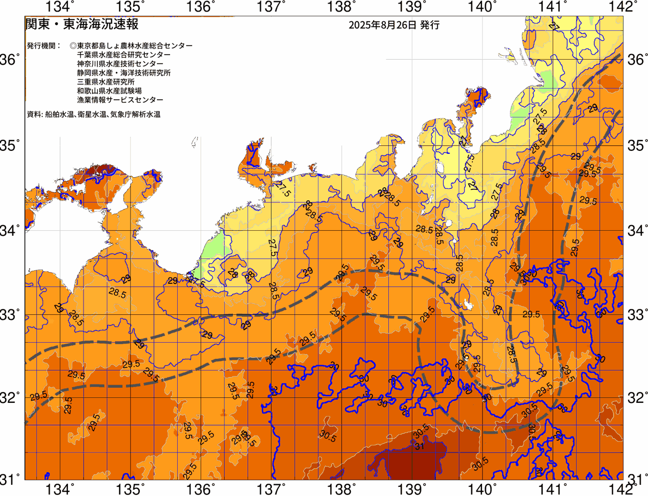 海況図, 関東・東海海況速報/広域 検索結果, (黒潮, 水温分布, 冷水域, 暖水波及 等を図示)