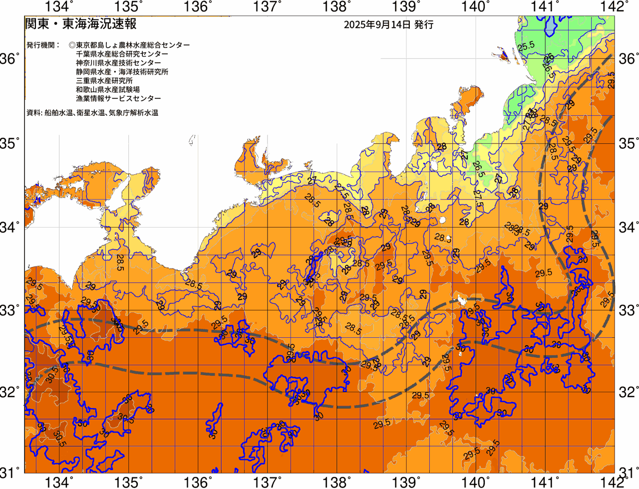 海況図, 関東・東海海況速報/広域 検索結果, (黒潮, 水温分布, 冷水域, 暖水波及 等を図示)