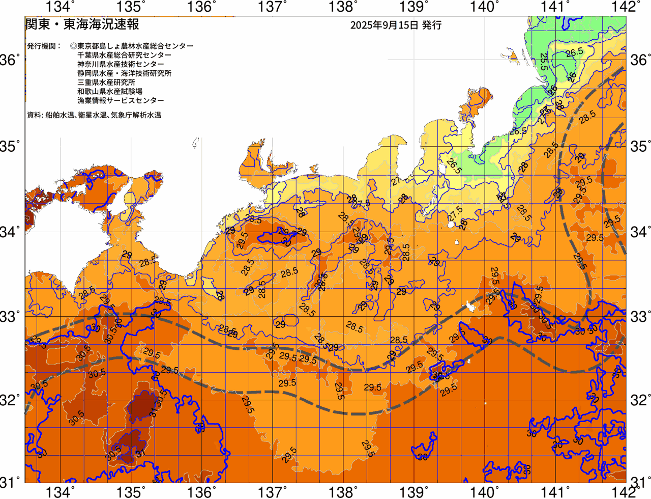 海況図, 関東・東海海況速報/広域 検索結果, (黒潮, 水温分布, 冷水域, 暖水波及 等を図示)