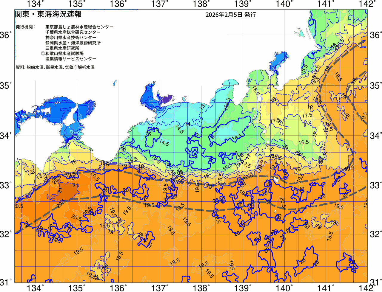 海況図, 関東・東海海況速報/広域 検索結果, (黒潮, 水温分布, 冷水域, 暖水波及 等を図示)