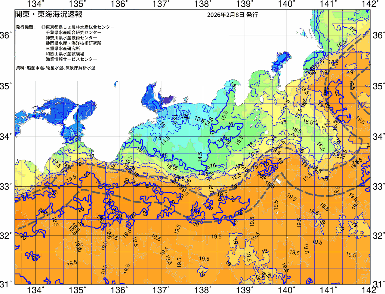 海況図, 関東・東海海況速報/広域 検索結果, (黒潮, 水温分布, 冷水域, 暖水波及 等を図示)