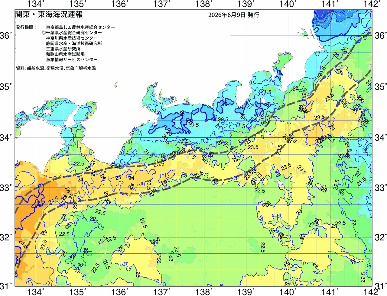 海況図, 関東・東海海況速報/広域 検索結果, (黒潮, 水温分布, 冷水域, 暖水波及 等を図示)