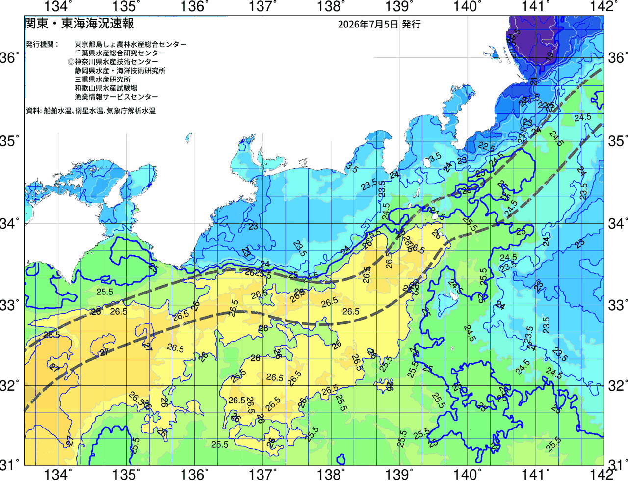 海況図, 関東・東海海況速報/広域 検索結果, (黒潮, 水温分布, 冷水域, 暖水波及 等を図示)