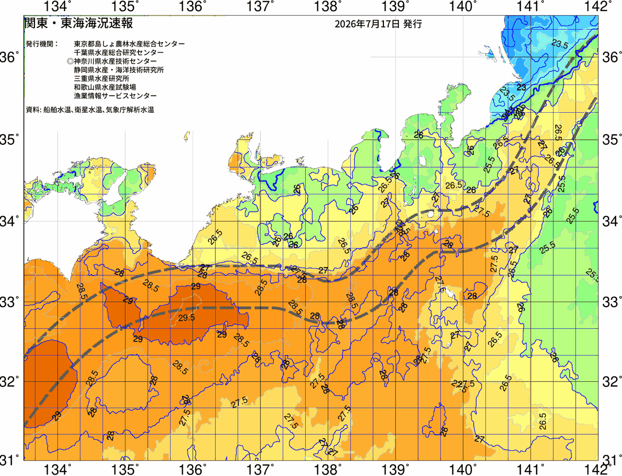 海況図, 関東・東海海況速報/広域 検索結果, (黒潮, 水温分布, 冷水域, 暖水波及 等を図示)