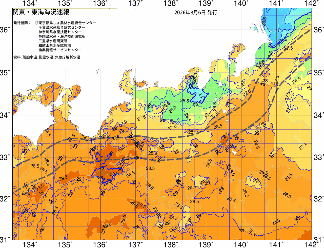 海況図, 関東・東海海況速報/広域 検索結果, (黒潮, 水温分布, 冷水域, 暖水波及 等を図示)