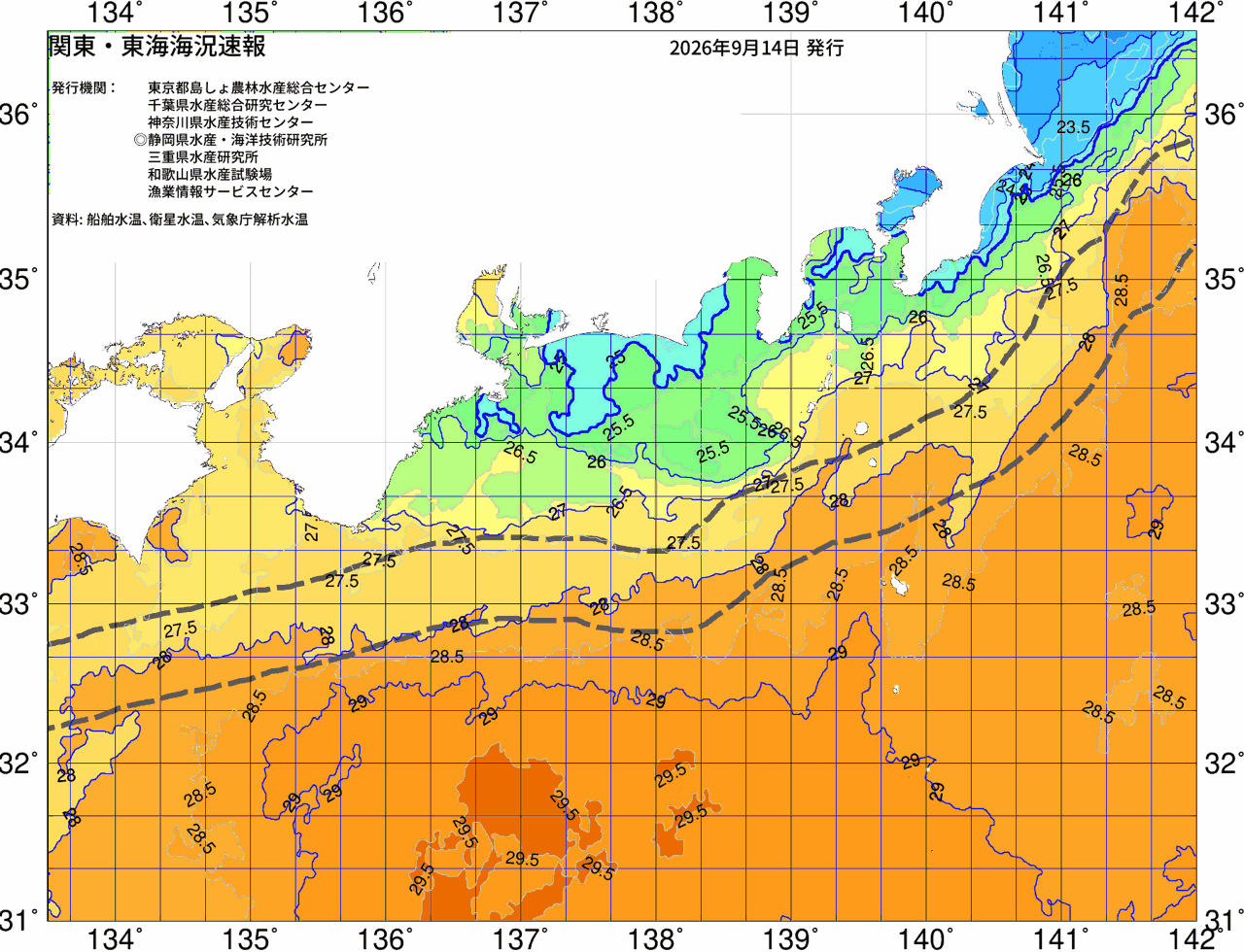 海況図, 関東・東海海況速報/広域 検索結果, (黒潮, 水温分布, 冷水域, 暖水波及 等を図示)