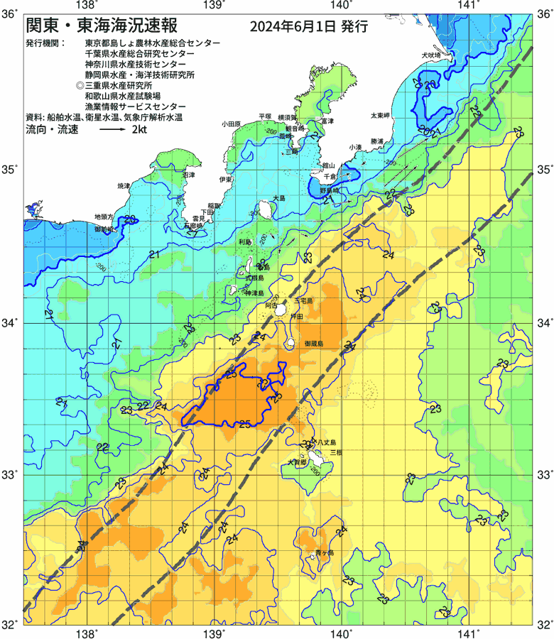 海況図, 関東・東海海況速報/伊豆諸島海域 検索結果, (黒潮, 水温分布, 冷水域, 暖水波及 等を図示)