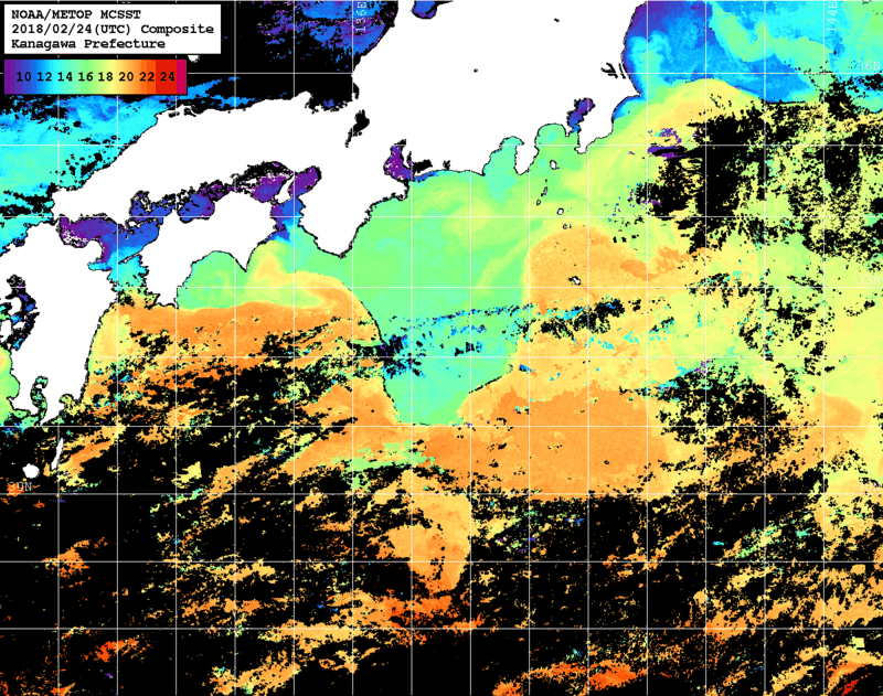 NOAA、MetOp 人工衛星画像 検索結果, 水温分布を図示