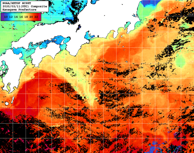 NOAA、MetOp 人工衛星画像 検索結果, 水温分布を図示