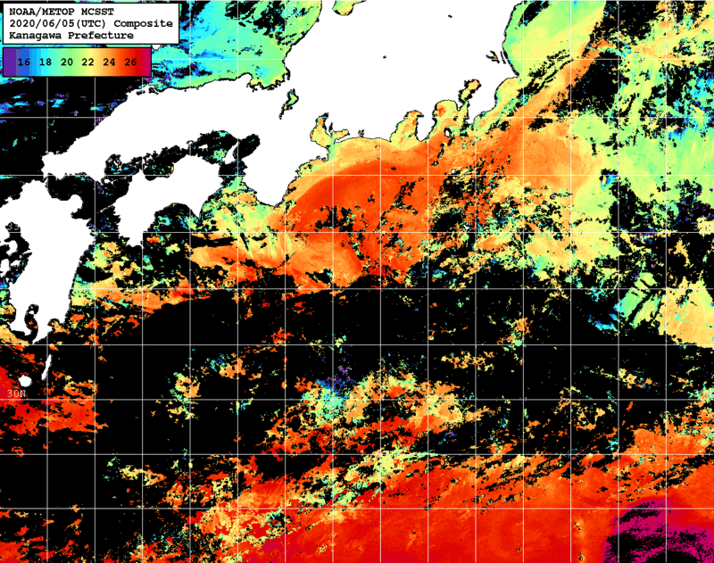 NOAA、MetOp 人工衛星画像 検索結果, 水温分布を図示