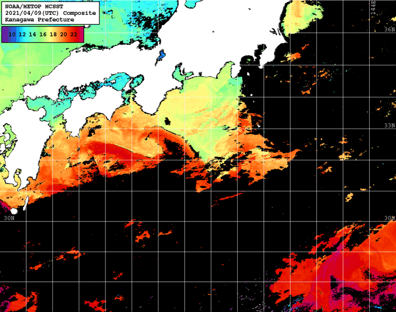 NOAA、MetOp 人工衛星画像 検索結果, 水温分布を図示