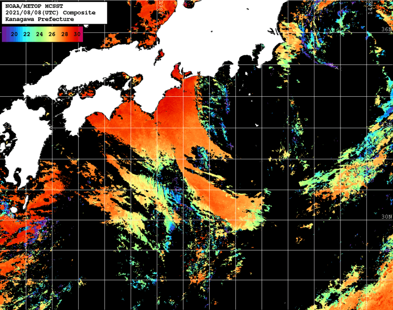 NOAA、MetOp 人工衛星画像 検索結果, 水温分布を図示