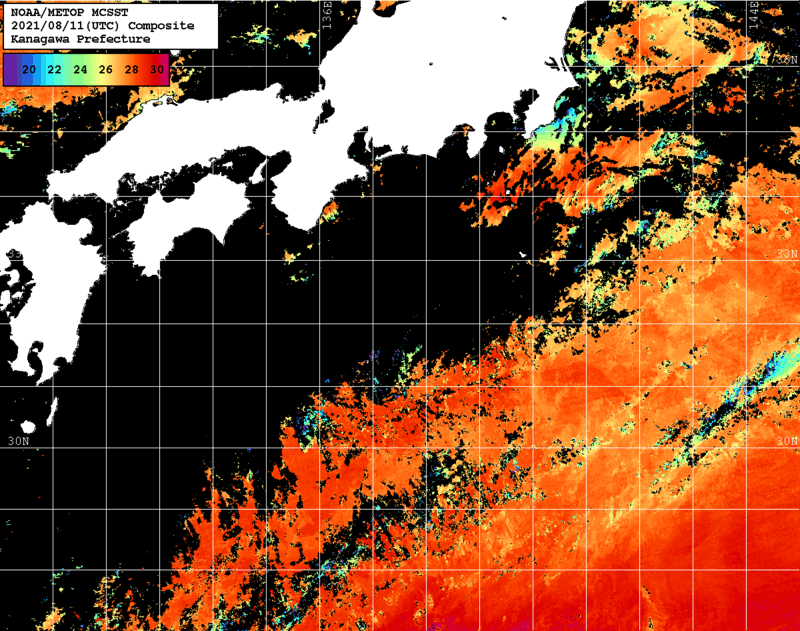 NOAA、MetOp 人工衛星画像 検索結果, 水温分布を図示