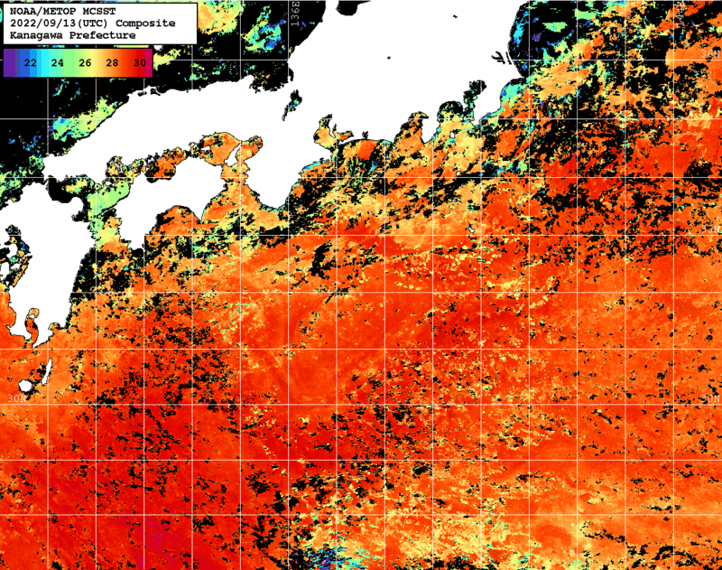 NOAA、MetOp 人工衛星画像 検索結果, 水温分布を図示