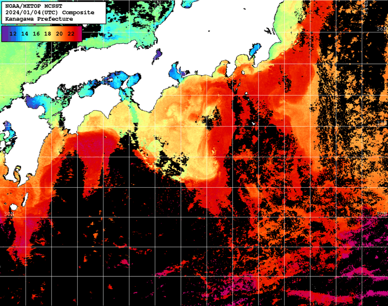 NOAA、MetOp 人工衛星画像 検索結果, 水温分布を図示