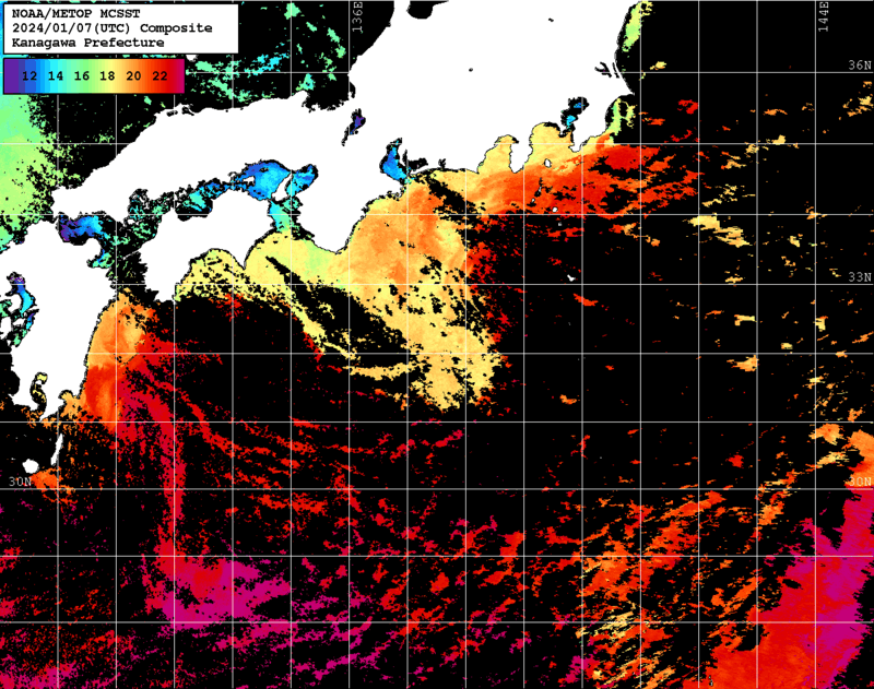 NOAA、MetOp 人工衛星画像 検索結果, 水温分布を図示