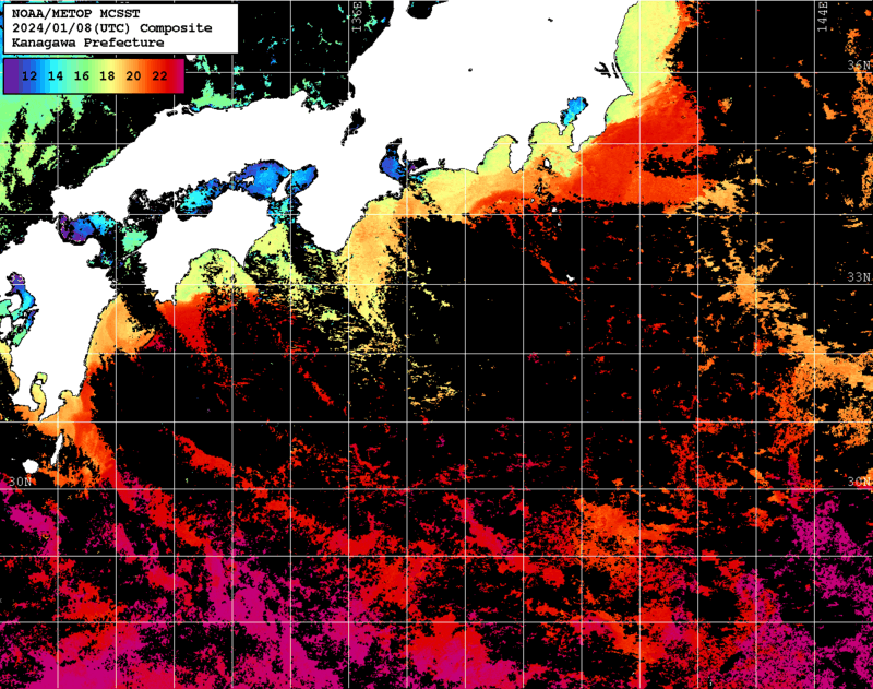 NOAA、MetOp 人工衛星画像 検索結果, 水温分布を図示