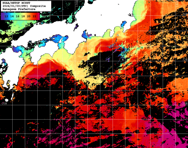 NOAA、MetOp 人工衛星画像 検索結果, 水温分布を図示