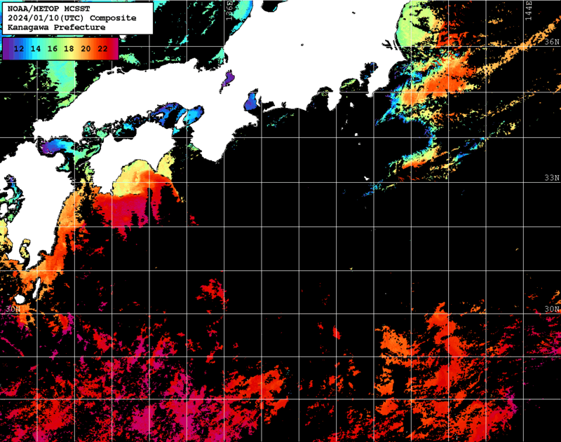 NOAA、MetOp 人工衛星画像 検索結果, 水温分布を図示