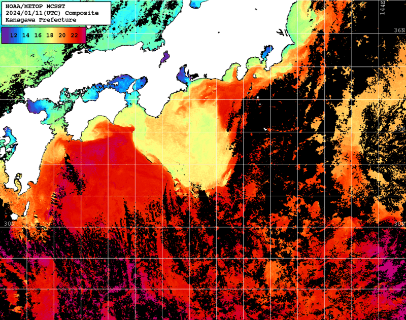 NOAA、MetOp 人工衛星画像 検索結果, 水温分布を図示