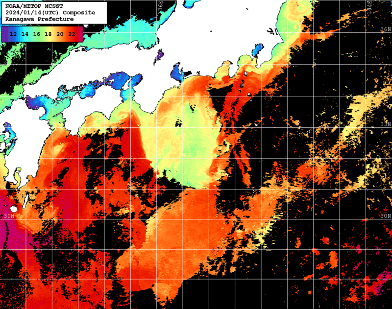 NOAA、MetOp 人工衛星画像 検索結果, 水温分布を図示