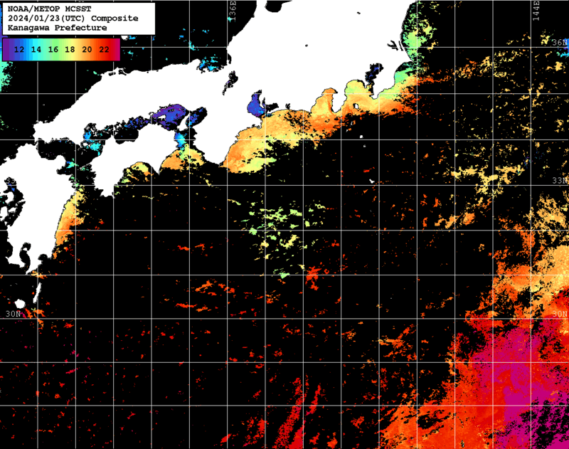 NOAA、MetOp 人工衛星画像 検索結果, 水温分布を図示