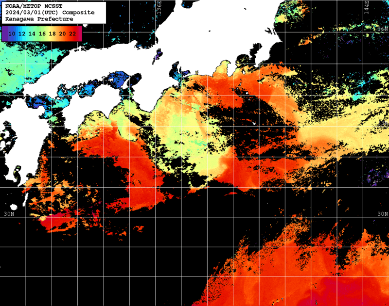 NOAA、MetOp 人工衛星画像 検索結果, 水温分布を図示