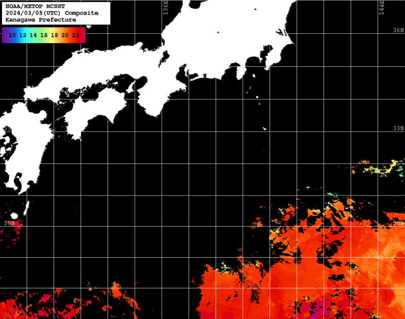 NOAA、MetOp 人工衛星画像 検索結果, 水温分布を図示