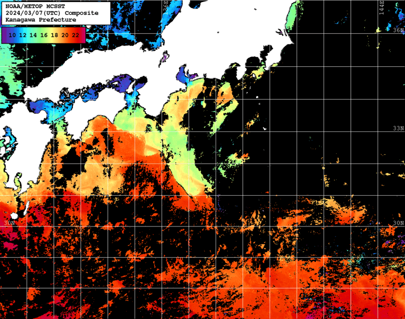 NOAA、MetOp 人工衛星画像 検索結果, 水温分布を図示