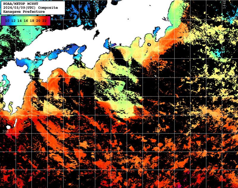 NOAA、MetOp 人工衛星画像 検索結果, 水温分布を図示