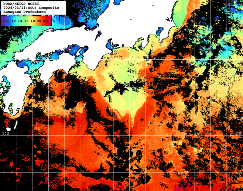 NOAA、MetOp 人工衛星画像 検索結果, 水温分布を図示