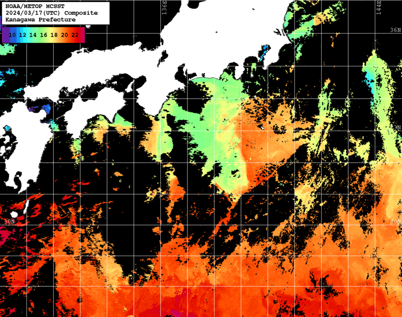 NOAA、MetOp 人工衛星画像 検索結果, 水温分布を図示