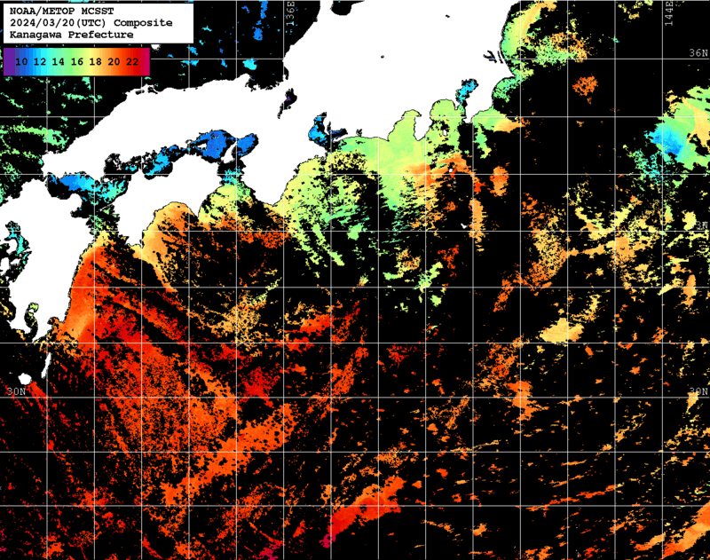 NOAA、MetOp 人工衛星画像 検索結果, 水温分布を図示