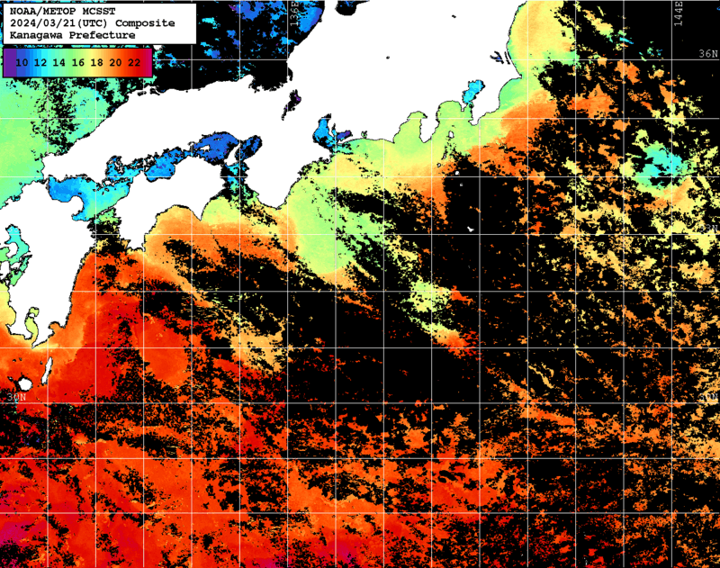 NOAA、MetOp 人工衛星画像 検索結果, 水温分布を図示