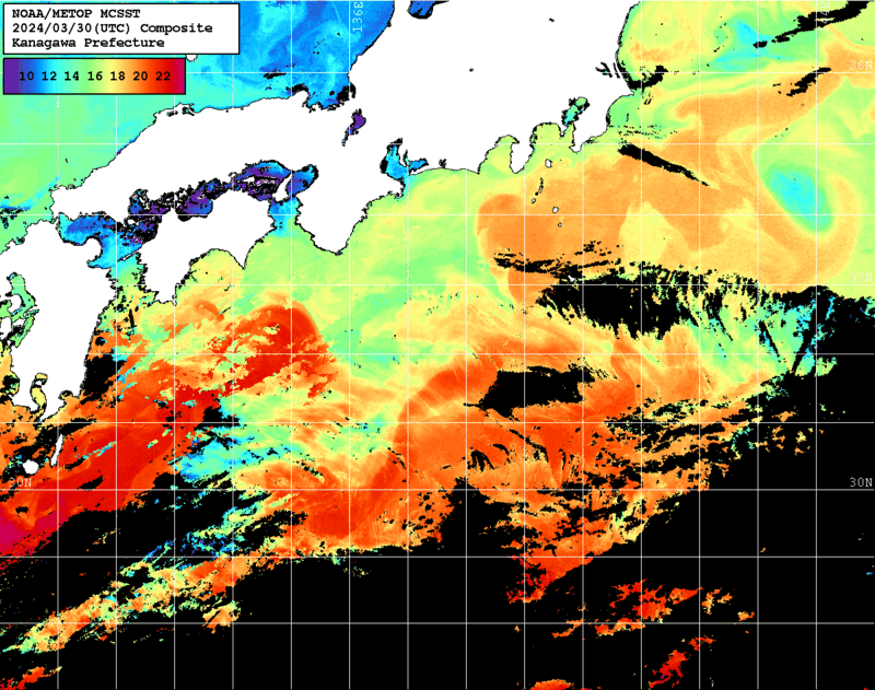 NOAA、MetOp 人工衛星画像 検索結果, 水温分布を図示